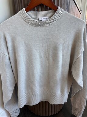 Good American Gray Crewneck Sweater with Rhinestone Neckline and Sleeves